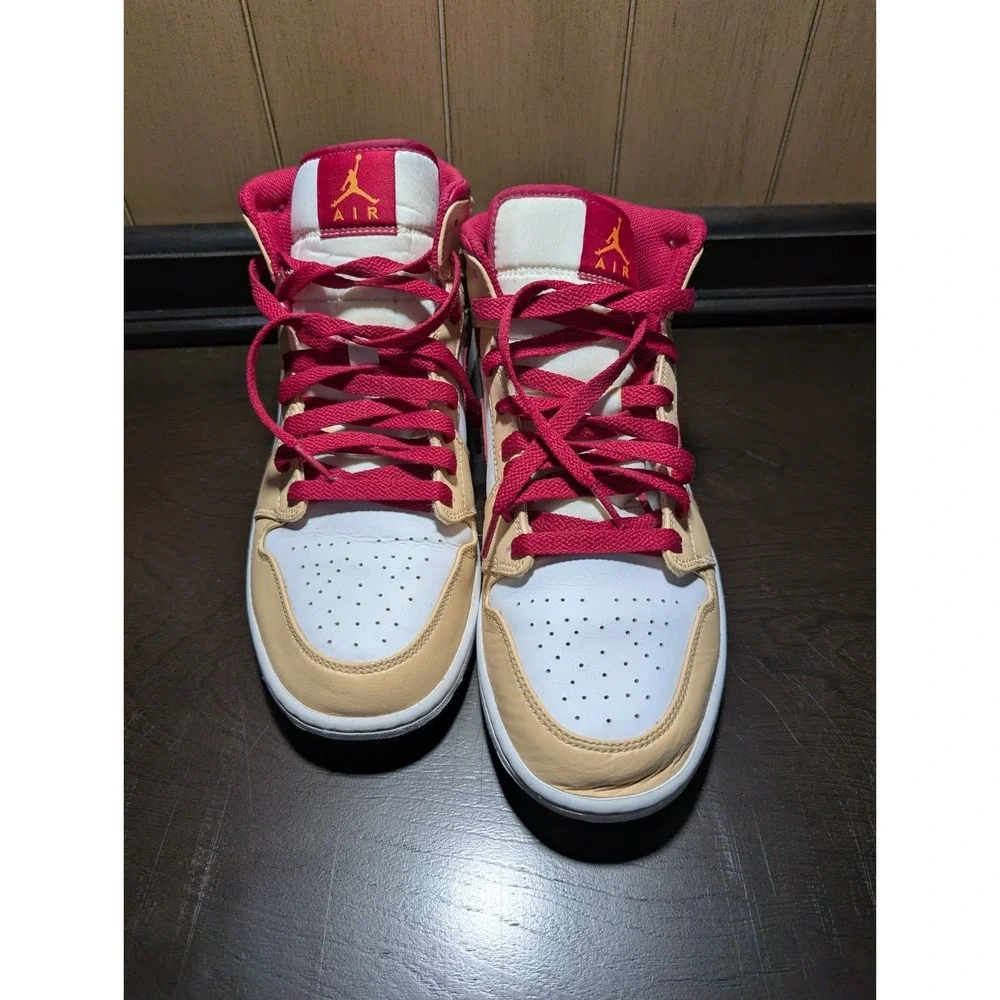 S9 Air Jordan 1 Mid Light Curry Cardinal Red Men's Size 10 Sneakers 554724-201